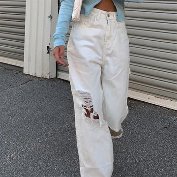 MQTIME  -  Ripped White Jeans Women Cargo Pants Fashion High Streetwear High Waist Jeans Vintage Straight Leg Harajuku Boyfriend Denim Pant